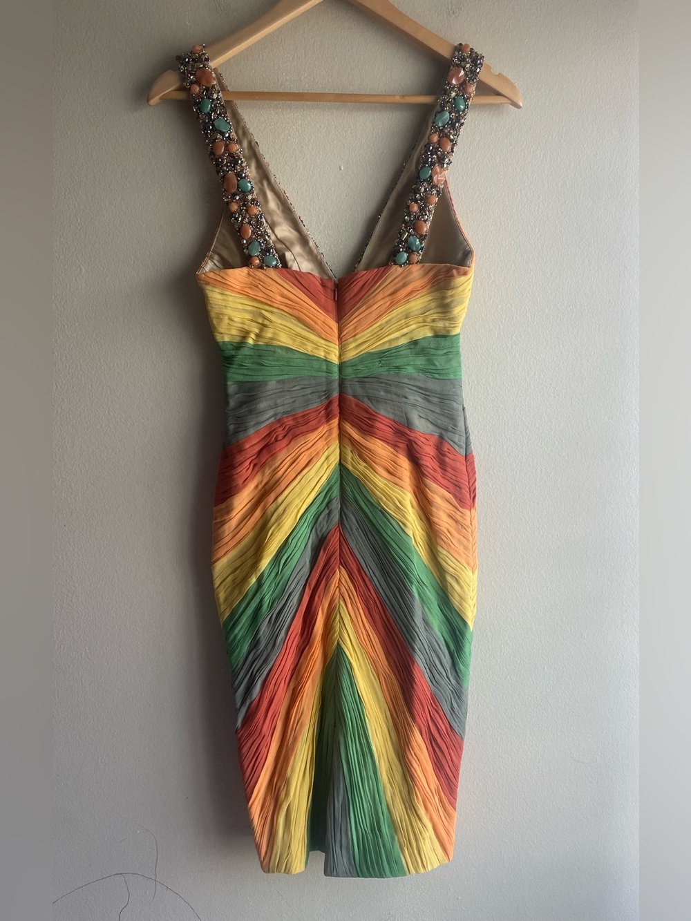 New Mandalay 100% Silk Beaded Rainbow Chevron Sleeveless Dress Multi Cocktail 4 - Picture 9 of 16